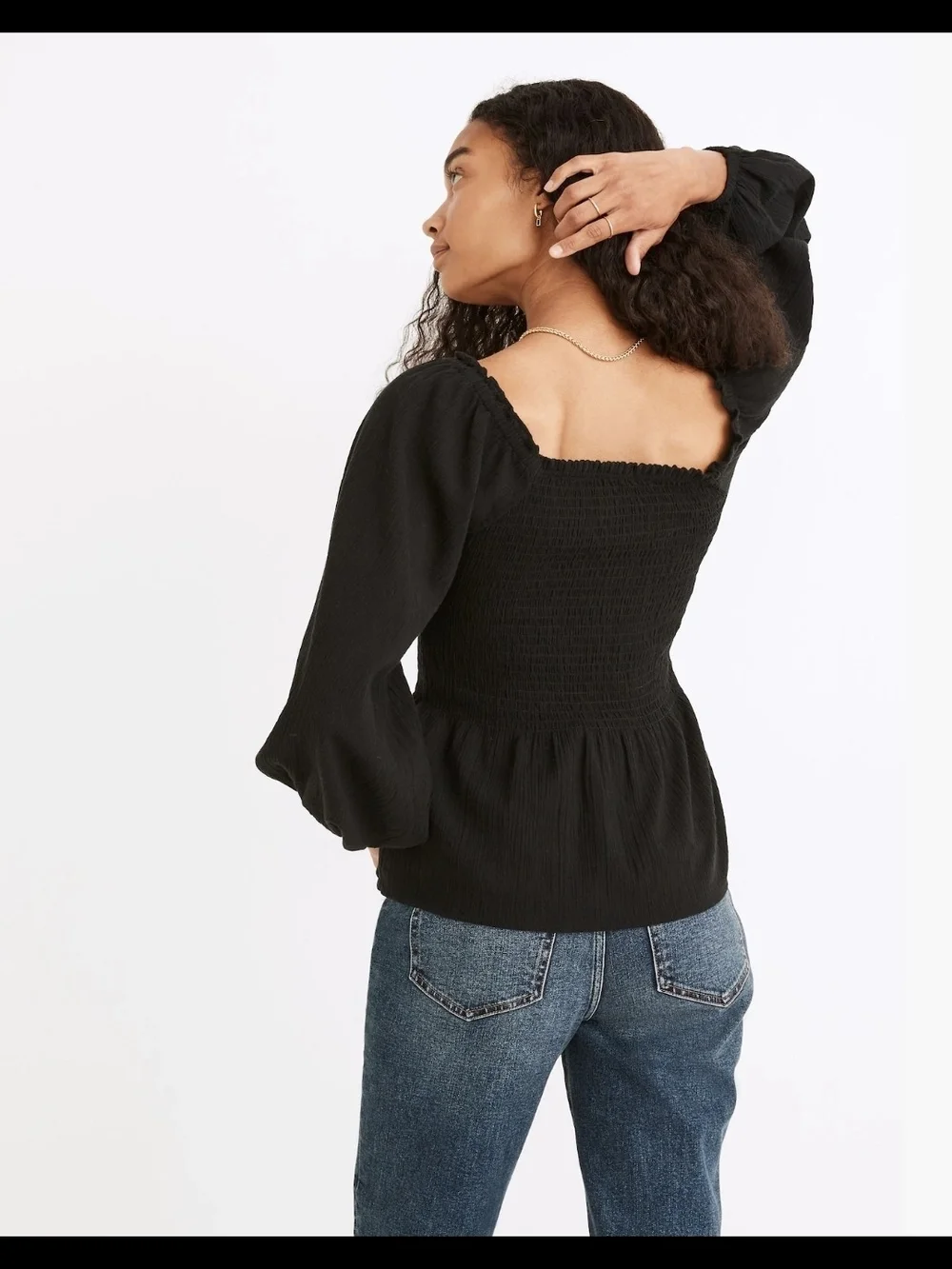 Madewell Black Smocked Peplum Long-Sleeve Top